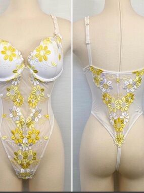 Victoria's Secret White and Yellow Floral Lace Bodysuit